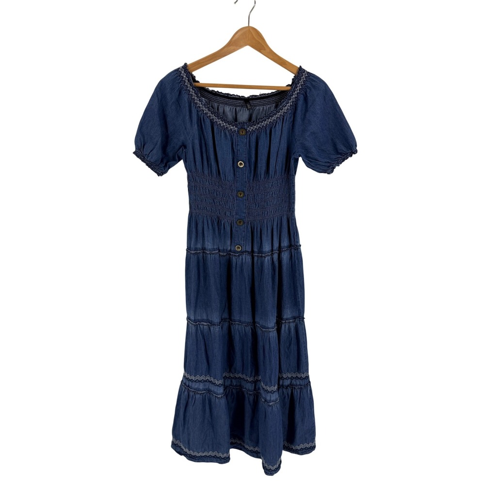 Lapis Denim Maxi Dress Blue Medium Boho Tiered Smocked Peasant Cottagecore